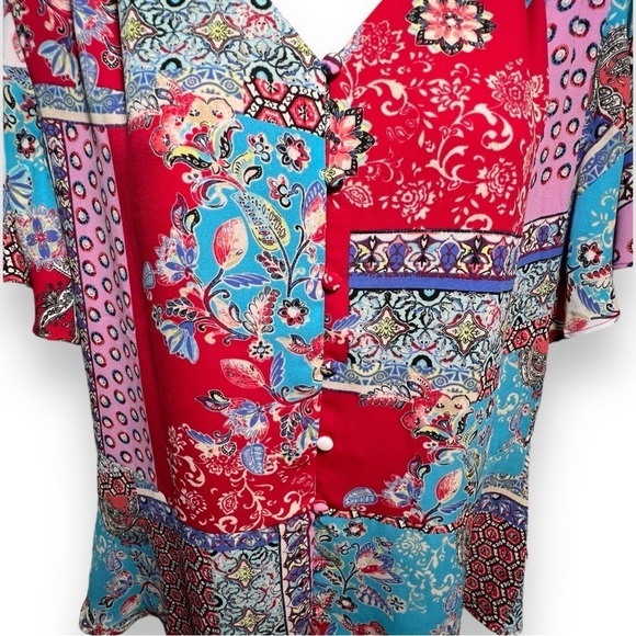 Chico’s Women’s Patchwork Peplum Flutter-Sleeve Top Red Blue Size 0 (4/6) - Picture 2 of 9